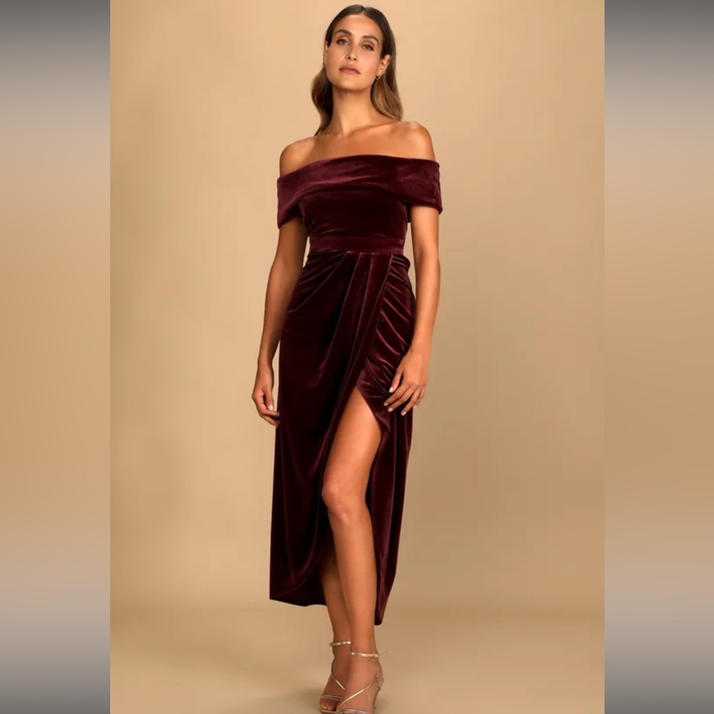 LULU’S I’m Enchanted Burgundy Velvet Off-the-Shoulder Maxi Dress